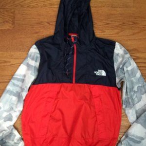 THE NORTH FACE WINDBREAKER ANORAK MENS M 1/4 ZIP HOODED JACKET CAMO RED BLUE